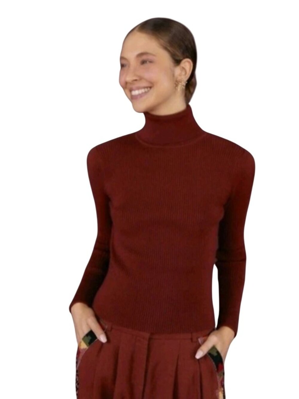 Farm Rio Brown Knit Turtleneck Puff Long Sleeves (Flaws) Size L